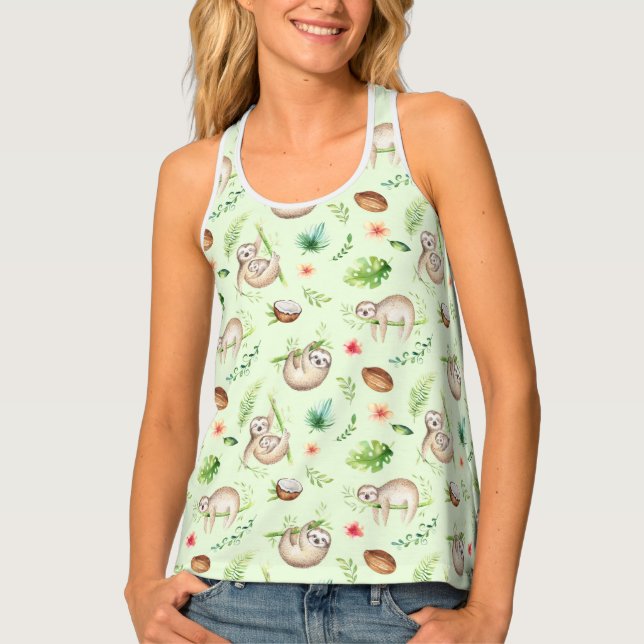 Tropical Coconut Sloth Pattern Tank Top (Front)
