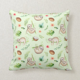 Tropical Coconut Sloth Pattern Throw Pillow