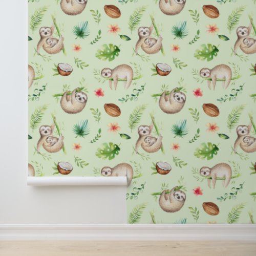 Tropical Coconut Sloth Pattern Wallpaper