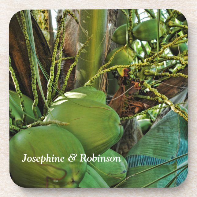 Tropical Coconuts Island Palm Trees Personalize  Beverage Coaster (Front)