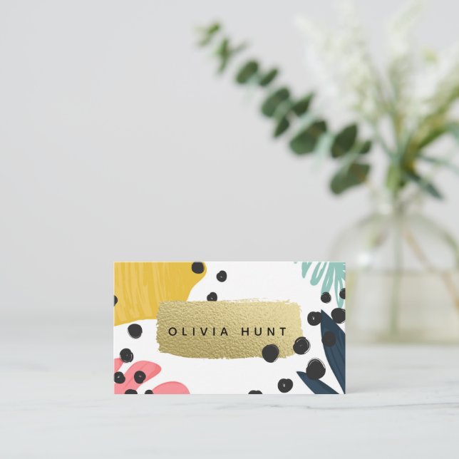 Tropical Collage & Gold Metallic Look Business Card (Standing Front)