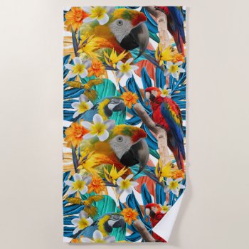 Tropical Collage Parrot Macaw Colorful Botanical Beach Towel by colorfulcreatures at Zazzle