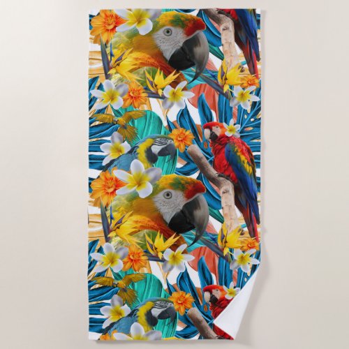 Tropical Collage Parrot Macaw Colorful Botanical Beach Towel