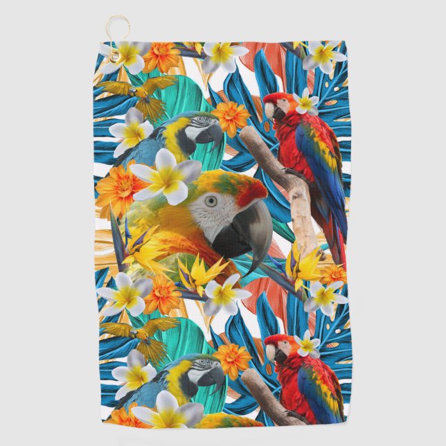 Tropical Collage Parrot Macaw Colorful Botanical Golf Towel (Front)