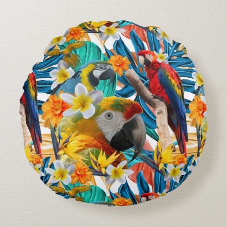 Tropical Collage Parrot Macaw Colorful Botanical Round Pillow
