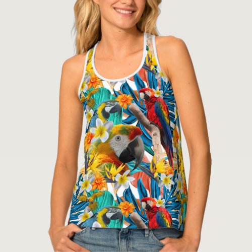 Tropical Collage Parrot Macaw Colorful Botanical Tank Top