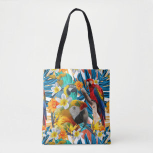 Tropical Collage Parrot Macaw Colorful Botanical Tote Bag
