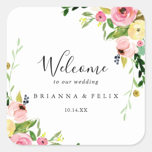 Tropical Colorful Autumn Floral Wedding Welcome Square Sticker