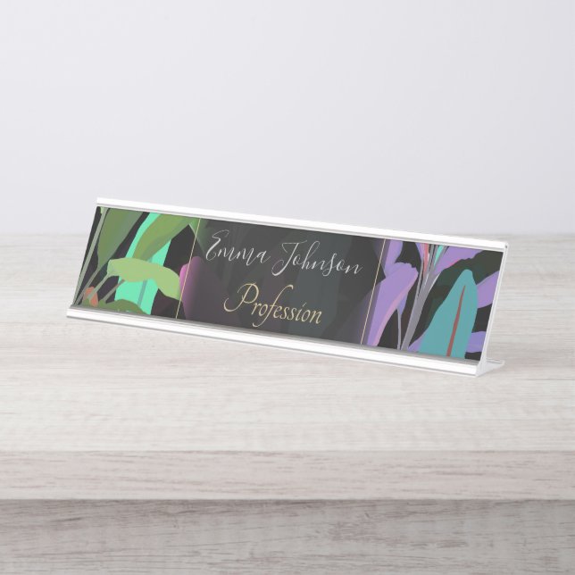 Tropical Colorful Banana Leaves Black Pattern Desk Name Plate (Front)