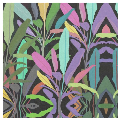 Tropical Colorful Banana Leaves Black Pattern Fabric