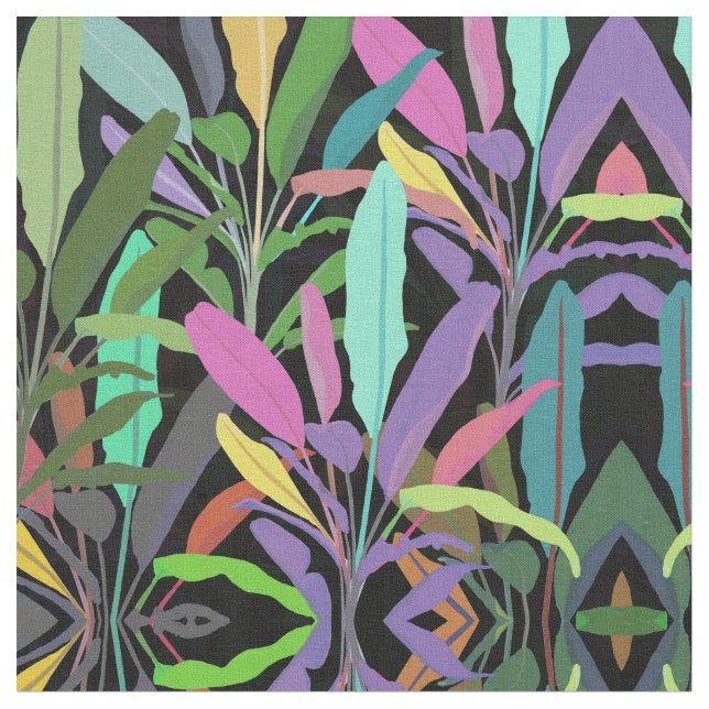 Tropical Colorful Banana Leaves Black Pattern Fabric (Close Up)