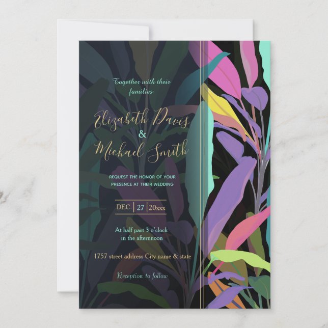 Tropical Colorful Banana Leaves Black Pattern Invitation (Front)