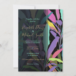 Tropical Colorful Banana Leaves Black Pattern Invitation