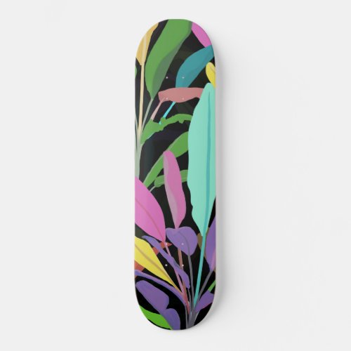 Tropical Colorful Banana Leaves Black Pattern Skateboard