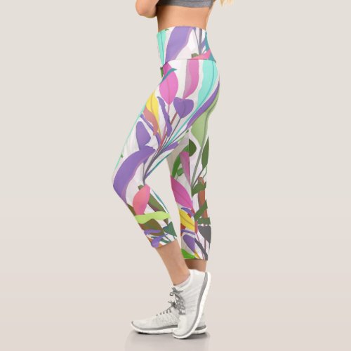 Tropical Colorful Banana Leaves White Pattern Capri Leggings