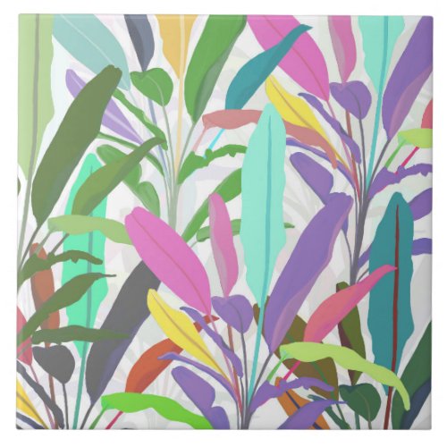 Tropical colorful banana leaves white Pattern Ceramic Tile