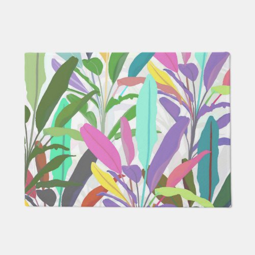 Tropical Colorful Banana Leaves White Pattern Doormat