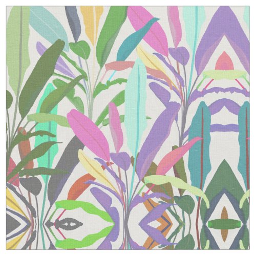 Tropical Colorful Banana Leaves White Pattern Fabric