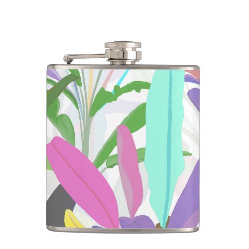 Tropical colorful banana leaves white Pattern Flask