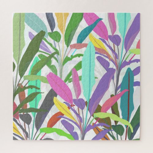 Tropical Colorful Banana Leaves White Pattern Jigsaw Puzzle