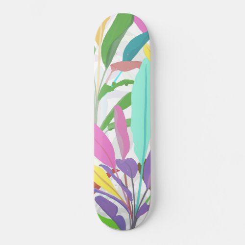 Tropical Colorful Banana Leaves White Pattern Skateboard