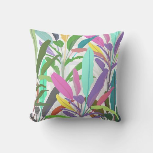 Tropical Colorful Banana Leaves White Pattern Throw Pillow