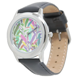 Tropical Colorful Banana Leaves White Pattern Watch