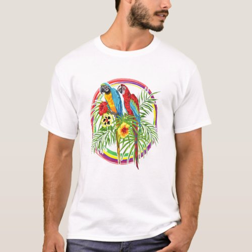 Tropical Colorful Birds Parrot Macaw Cockatoo Jun T_Shirt