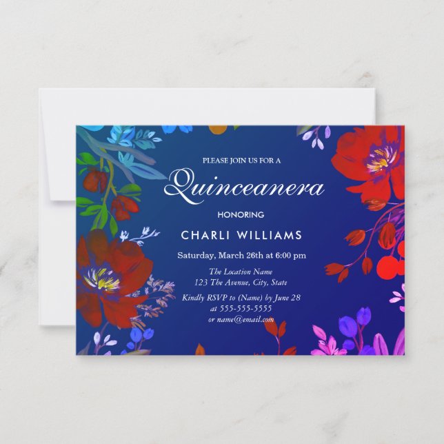 Tropical Colorful Blue Red Quinceanera Invite (Front)