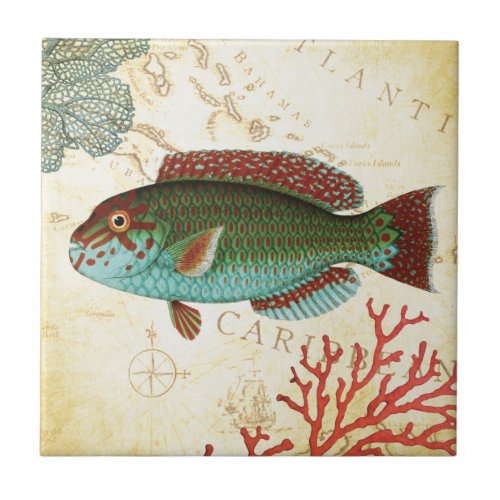 Tropical Colorful Caribbean Fish and Coral Tile