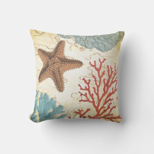 Tropical Colorful Caribbean Starfish and Coral Outdoor Pillow