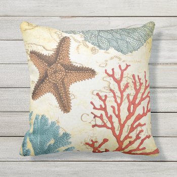 Tropical Colorful Caribbean Starfish And Coral Outdoor Pillow by AnyTownArt at Zazzle