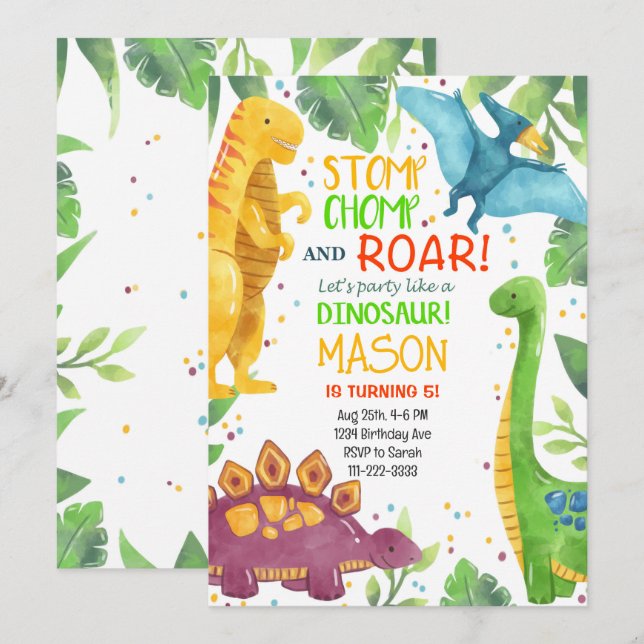 Tropical Colorful Dinosaurs Birthday Invitation (Front/Back)
