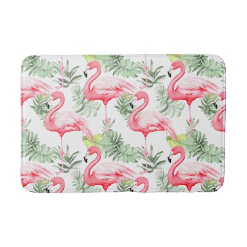 Tropical Colorful Flamingo and Leaves Bath Mat