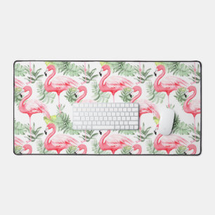 Tropical Colorful Flamingo and Leaves Desk Mat