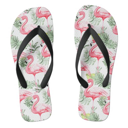 Tropical Colorful Flamingo and Leaves Flip Flops