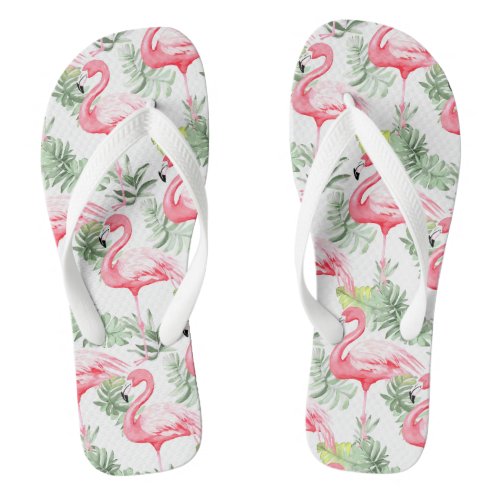 Tropical Colorful Flamingo and Leaves Flip Flops