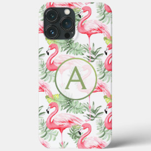 Tropical Colorful Flamingo and Leaves P & Monogram iPhone 13 Pro Max Case