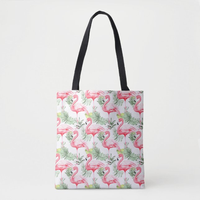 Tropical Colorful Flamingo and Leaves Tote Bag (Front)