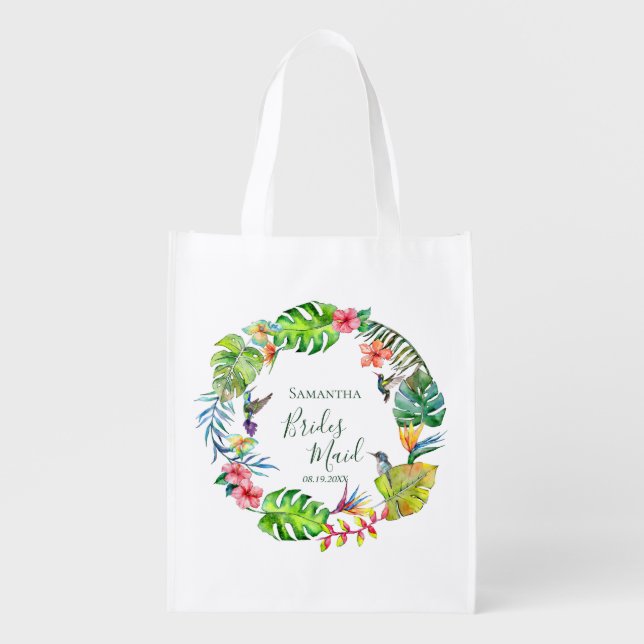 Tropical Colorful Floral Wreath Wedding  Grocery Bag (Front)