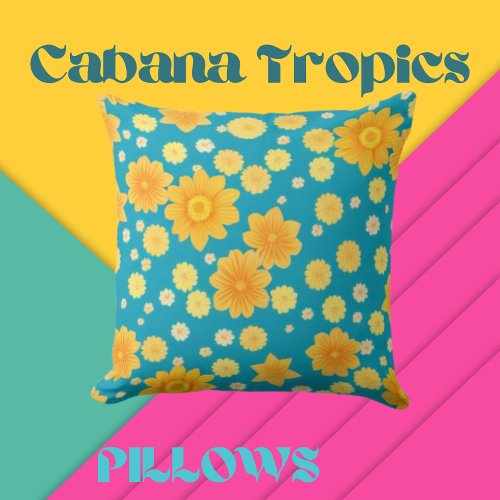 Tropical Colorful Florals Orange Yellow Teal Throw Pillow
