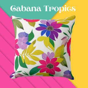 Tropical Colorful Florals Pink, Purple, Yellow Throw Pillow