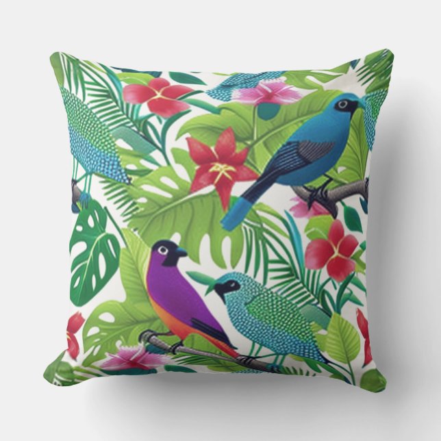 Tropical Colorful Florals with Birds  Throw Pillow (Front)
