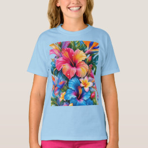 Tropical Colorful Hibiscus Floral Pattern Girls T- T-Shirt