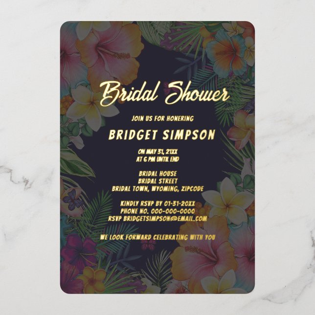 tropical colorful hibiscus hawaiian summer bridal  foil invitation (Front)