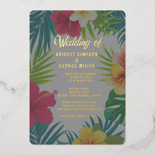 tropical colorful hibiscus hawaiian summer wedding foil invitation