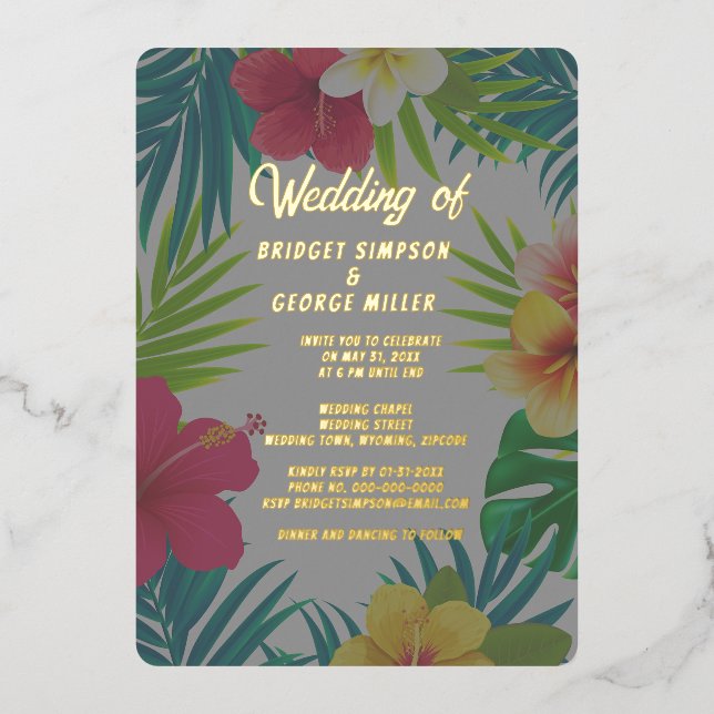tropical colorful hibiscus hawaiian summer wedding foil invitation (Front)