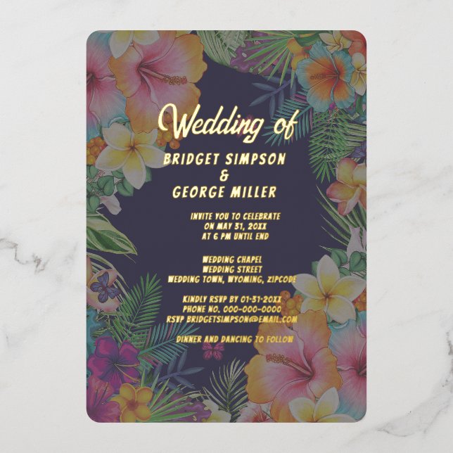 tropical colorful hibiscus hawaiian summer wedding foil invitation (Front)