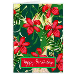 Tropical colorful jungle hibiscus red and green
