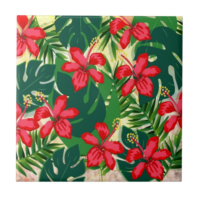 Tropical colorful jungle hibiscus red and green ceramic tile (Front)